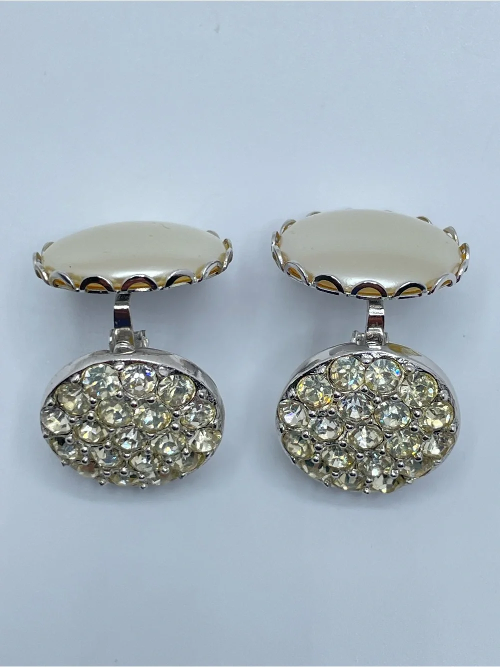 Vintage Sarah Coventry Reversible Faux Pearl Crystal Clip On Earrings Statement